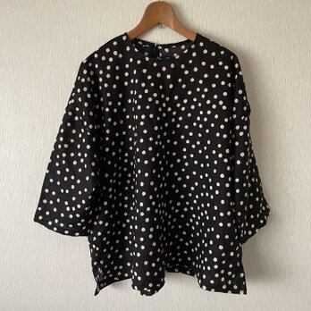 リネンドットゆったり七分袖ブラウス 黒白Ｆの画像