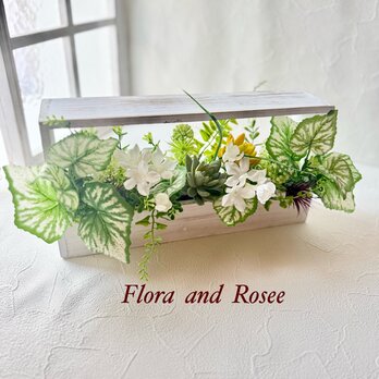 木製コンテナに多肉植物とグリーンのアレンジの画像