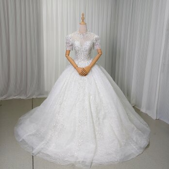 豪華！韓国風ドレス ウェディングドレス キラキラ光る刺繍 短袖 編み上げ 結婚式 抜群のおしゃれ見え ロングトレーンの画像