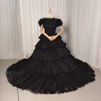 高品質！カラードレス ブラック オフショルダー プリーツドレス 編み上げ ボリュームドレス 結婚式 前撮りの画像