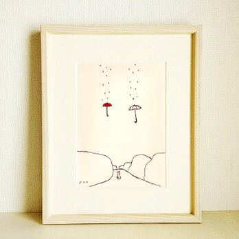 やさしい気持ちになる絵画｜原画「雨の日キミと3」※木製額縁入り（八つ切りサイズ）の画像