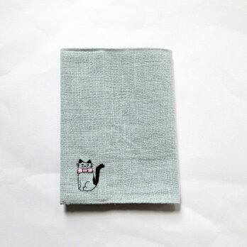 猫の刺繍 リネンブックカバー＊スモーキーブルーAの画像