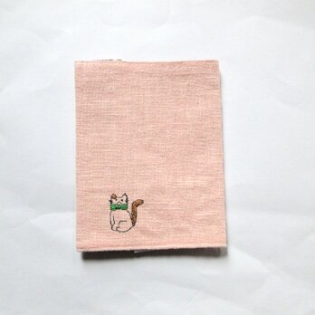 猫の刺繍 リネンブックカバー＊さくら色の画像