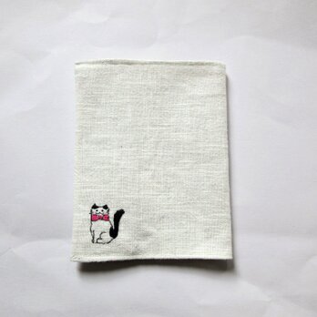 猫の刺繍 リネンブックカバー＊オフホワイトBの画像