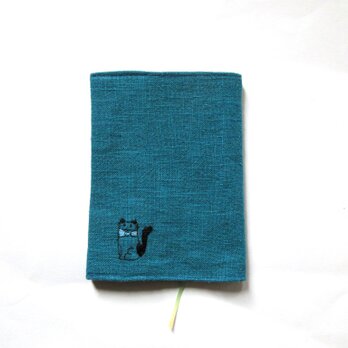 猫の刺繍 リネンブックカバー＊ターコイズブルーAの画像