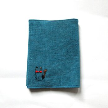 猫の刺繍 リネンブックカバー＊ターコイズブルーBの画像