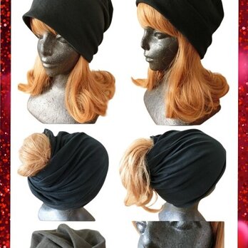 ハンドメイド　3wayスワール帽　ニット帽子　黒綿ニット 　の画像
