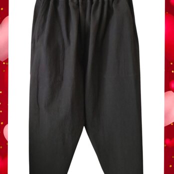 ハンドメイド　ラスト１点　黒綿ワッシャー　脇縫いなしのすっきりパンツ 七～八分丈　Mの画像