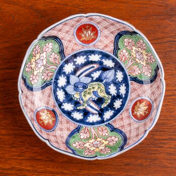 大聖寺伊万里 金襴手花神獣文五寸皿 明治時代 E1220Bの画像