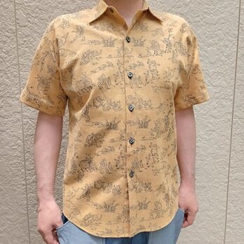 半袖和柄シャツ（鳥獣戯画）からし色の画像