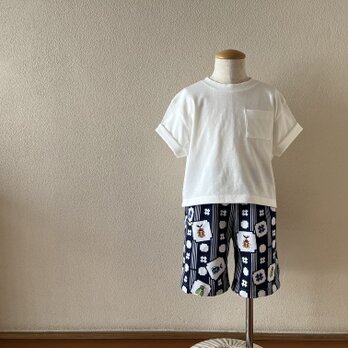 子供　浴衣地ハーフパンツ　注染カブトムシとセミ（紺地）　100～130〈受注製作〉の画像