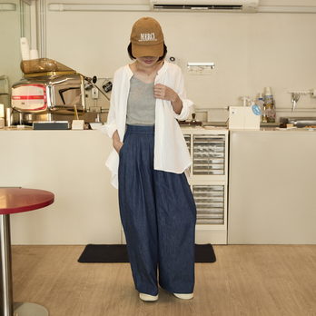 【丈調整できる】プリーツタック ライトオンスのシャンブレー 大人のデニムパンツ 後ろゴム 　【3サイズ】 0731BLの画像