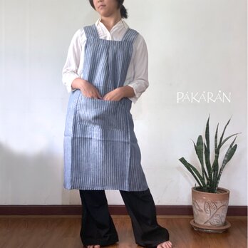リネン100％薄手で軽いクロスバックエプロン・ブルーグレーの画像