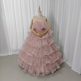 カラードレス ピンク ベアトップ フリルドレス ラッフルフリル 可愛い プリンセスライン ロング 前撮りの画像