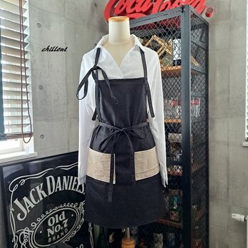 【ソムリエ】カフェエプロン：ブラックデニム×リネン【0912】の画像