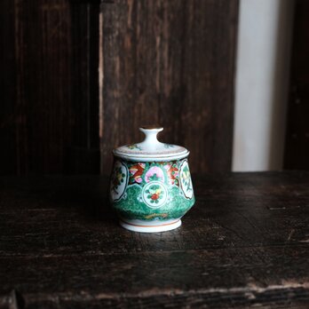 草花や果実◆中国廣彩　色絵金彩蓋付シュガーポット　チャイナレトロ　シノワズリ　インテリアの画像