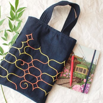 アイヌ文様　ぐるりと刺繍　明治の藍染め生地で仕立てたバッグのコピーの画像