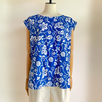 Tシャツ風　ブラウス【送料込み】古布リメイク ノースリーブ　ブルーの画像
