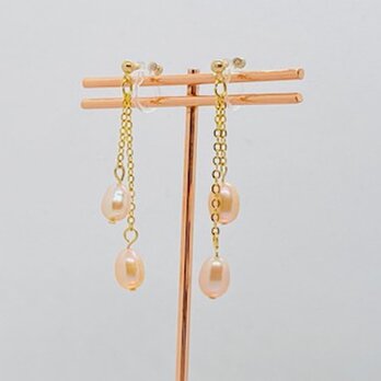 6月誕生石★卒業・入学式【ノンホールイピアス】★チェーン２粒ピンクパール・金★の画像