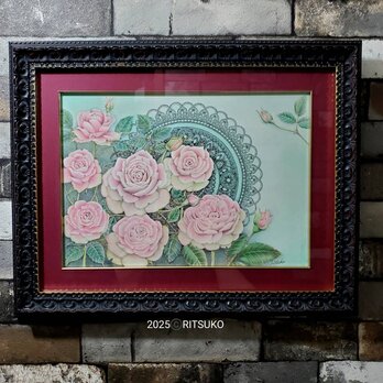 原画 1点もの 額装付き ボールペン画 ボールペンアート 色鉛筆画 絵画 絵 アート 額入り 薔薇の絵 バラ 花の絵 薔薇の画像
