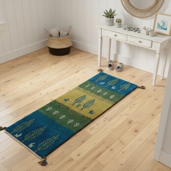 ペルシャ　ギャッベ ミニランナー　細長いラグ　120x43㎝　黄緑色　緑色　濃い緑色　糸杉　RJ15912