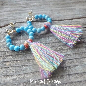Turquoise Blue Hoop ターコイズブルーサークルのフリンジフープピアスの画像