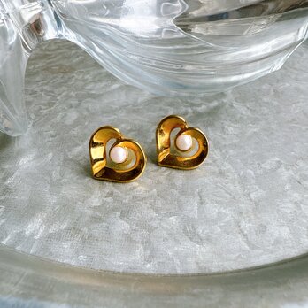 PA360-【 AVON 】エイボン・ヴィンテージピアス Gold Tone Open Heart Pearl Removalの画像