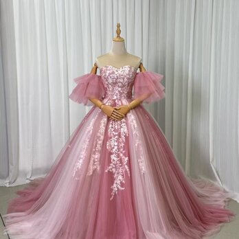 美品！カラードレス ピンク ベアトップ フリル袖 グラデーション 繊細レース 編み上げ 前撮りの画像