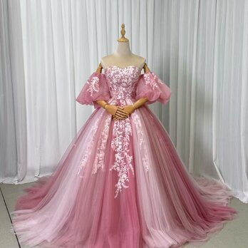 美品！カラードレス ピンク ベアトップ パフスリーブ グラデーション 繊細レース 編み上げ 前撮りの画像