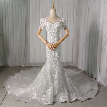 豪華！ウェディングドレス ビジュー 短袖 編み上げ 韓国風ドレス マーメイド グリッタードレス 結婚式の画像