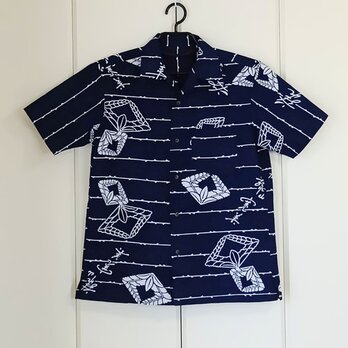 浴衣反物から アロハシャツ　藍に藤　メンズLの画像