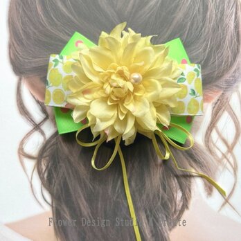 紫のダリアと向日葵のヘアゴム　ボルドー　向日葵　レース　お花　ヘアゴム　髪飾り　お出掛け　紫　パープル　発表会 　推し色のコピーの画像