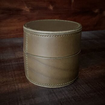 《円柱型》レザー収納ボックス（オリーブ）