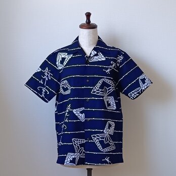 浴衣反物から アロハシャツ　藍に藤　メンズＭの画像