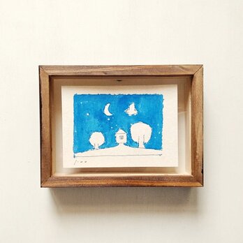 静かな気持ちになる青い絵画｜原画｜一点物｜水彩ドローイング作品　※木製額縁入りの画像