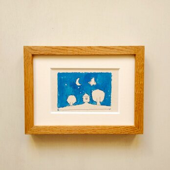 「夜のお話」原画 イラスト ※木製額縁入り（2Lサイズ）水彩 ドローイング インテリアアート