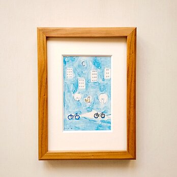 【一点物 原画】「猫と三日月」 2L木製額縁入り・ペン画・水彩・猫・猫の絵・イラスト