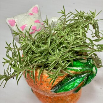 植木鉢　セメント　ミニプランターサイズ白猫オレンジ形プランターオブジェ手作り