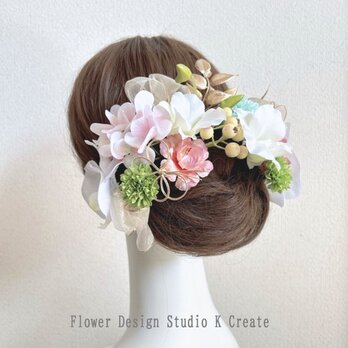 胡蝶蘭とデンファレと薔薇のヘッドドレス 　成人式　和装婚　髪飾り　造花　胡蝶蘭　ゴールド　紫陽花　黄緑　成人式　和装婚　蝶　水引の画像