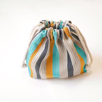 リネンと絹の手織り巾着バックOTB 　21cm×21cm×10.5cmの画像