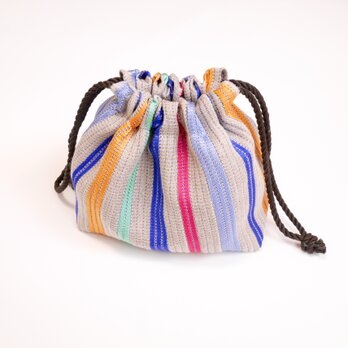 リネンと絹の手織り巾着バックマルチカラー　16cm×17cm×10cm