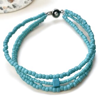 3連　スクエアターコイズとガラスのデザインブレスレット　PPA0044 天然石&ガラス