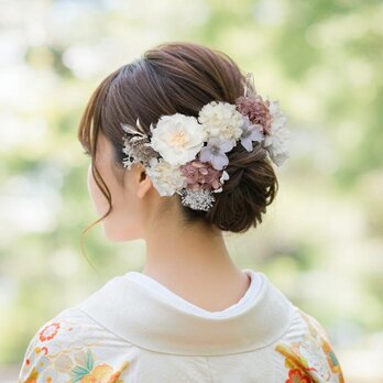 桜と紫陽花の髪かざり　No.PW02　髪飾り　シャンパンピンク×ホワイト　成人式　卒業式　結婚式　成人式髪飾り　卒業式髪飾りの画像