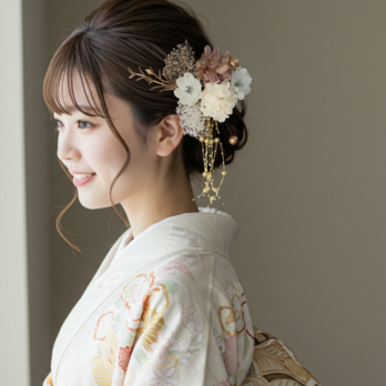 シャンパンピンクと枝垂れパールの髪かざり　OW29　白無垢　成人式　卒業式　結婚式　成人式髪飾り　卒業式髪飾り　結婚式髪飾りの画像