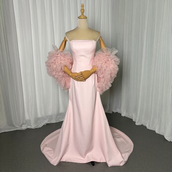 美品！カラードレス ピンク ベアトップ マーメイドライン ドロップショルダー デザイン感 前撮りの画像