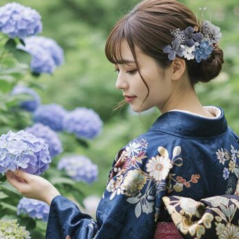くすみブルーと桃の花の髪かざり　No.B001 髪飾り　成人式　卒業式　結婚式　成人式髪飾り　卒業式髪飾り　ヘアアクセサリーの画像