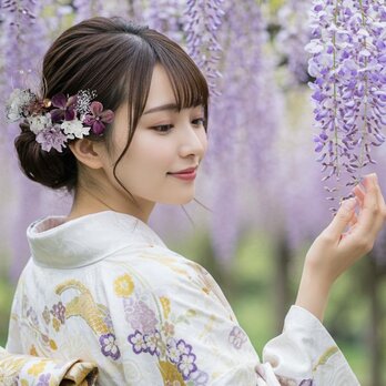 紫系フラワーと桃の花の髪かざり　No.V001　髪飾り　成人式　卒業式　結婚式　成人式髪飾り　卒業式髪飾り　ヘアアクセサリー　の画像