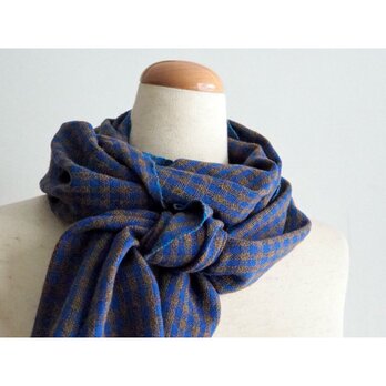 手織りのコットンシルク mini ストール　blue brown- a-の画像