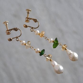 Ýmsar ferskvatnsperlur earring　淡水真珠　天然石シトリン　クロムダイオプサイド　ピアス・イヤリングの画像