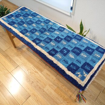 ペルシャ　ギャッベ ミニランナー　ラグ　115x43cm　青　藍色　チェス　RD7534の画像